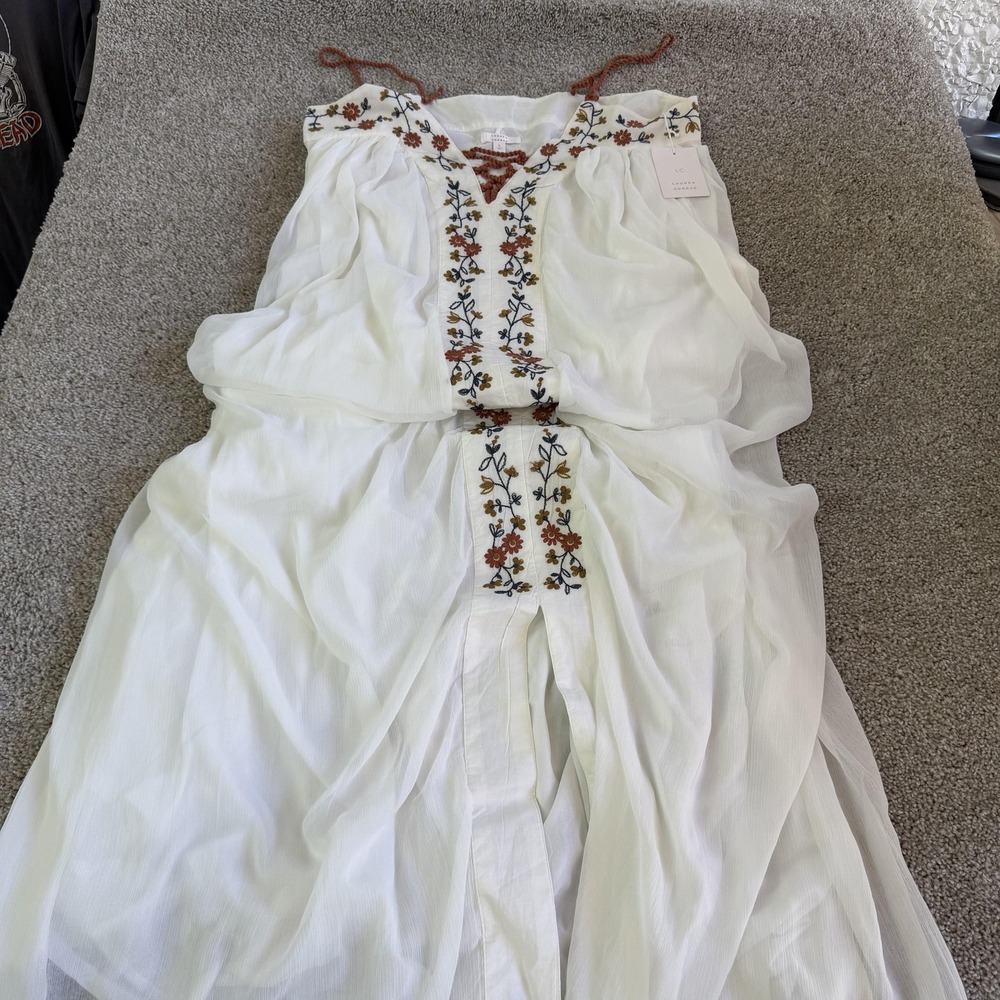 Lauren Conrad Dress Womens L White Floral Embroidered Maxi Boho Sheer Sundress